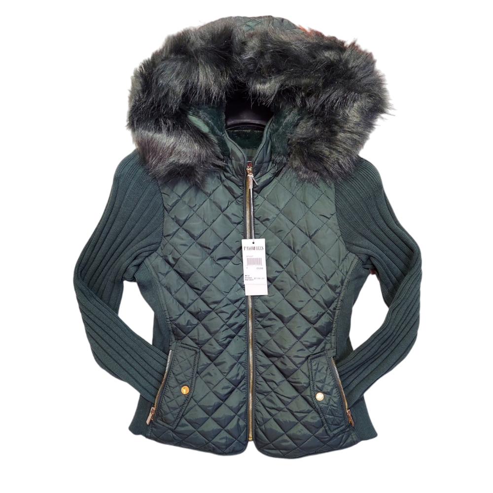 Quilted Jacket Green Olive Womens  Stretch Side Winter Coat Warm Lined New